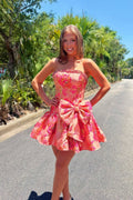 Coral A Line Jacquard Satin Strapless Homecoming Dress with Beading JP062206