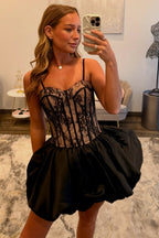 A Line Sweetheart Black Lace Satin Homecoming Dresses JP072204