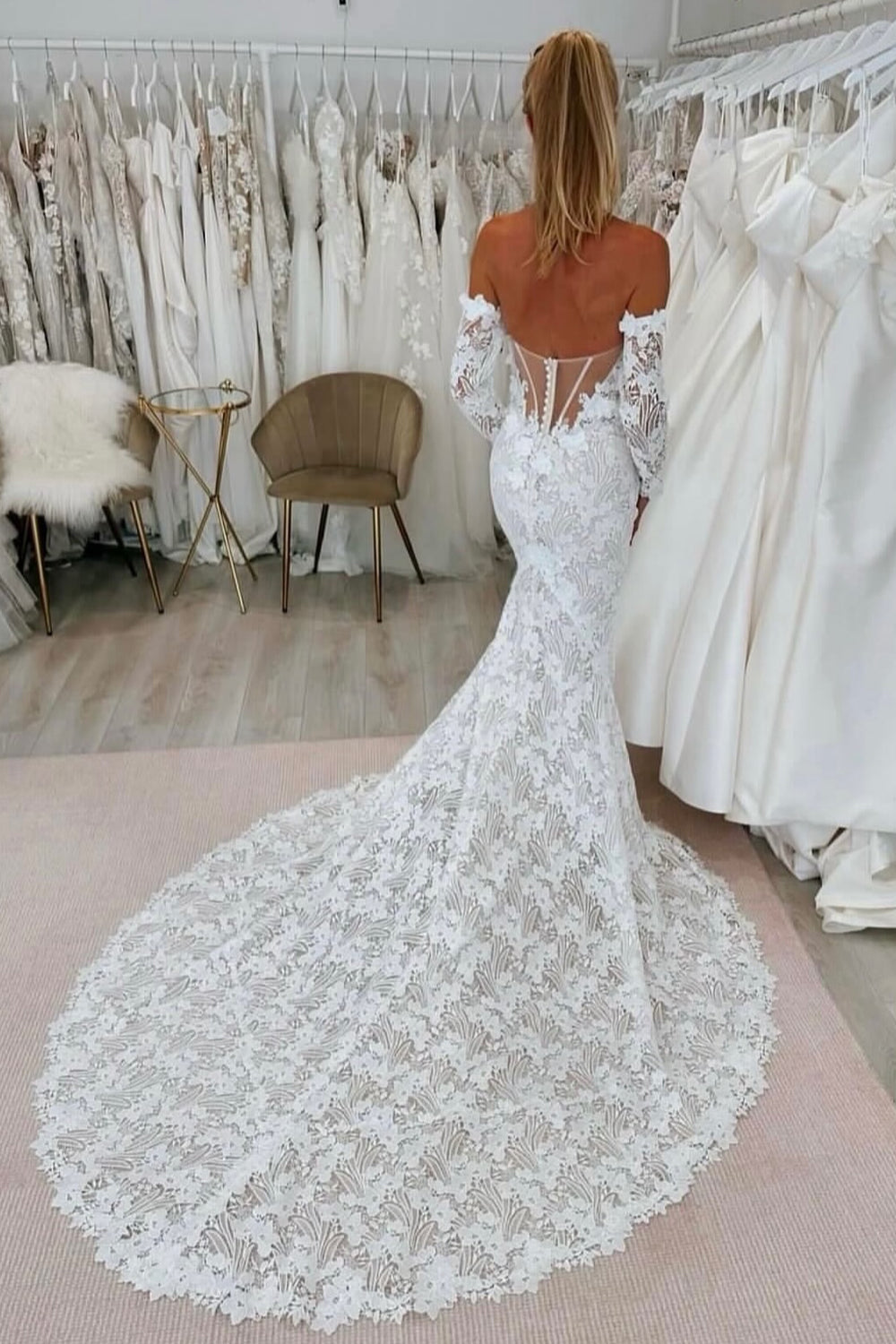 Gorgeus Mermaid Sweetheart Lace Long Sleeves Wedding Dresses JP071518