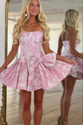 A Line Strapless Pink Jacquard Satin Homecoming Dresses with Bow JP071914