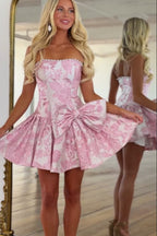 A Line Strapless Pink Jacquard Satin Homecoming Dresses with Bow JP071914