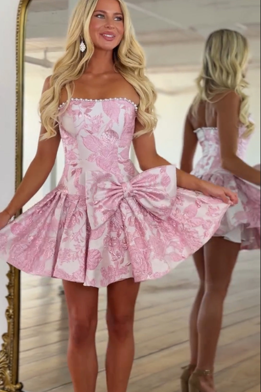 A Line Strapless Pink Jacquard Satin Homecoming Dresses with Bow JP071914