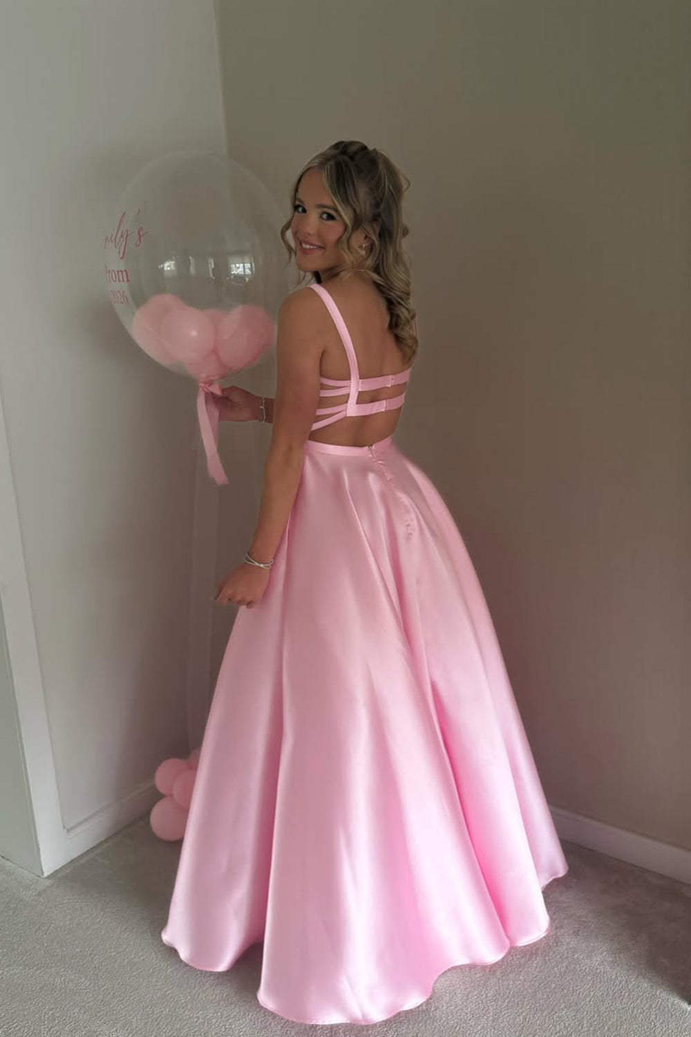A Line Scoop Neck Pink Satin Prom Dress JP070815