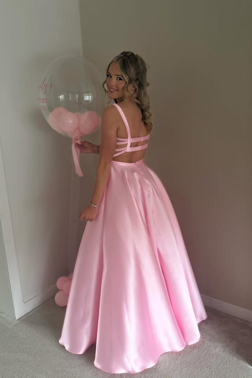 A Line Scoop Neck Pink Satin Prom Dress JP070815