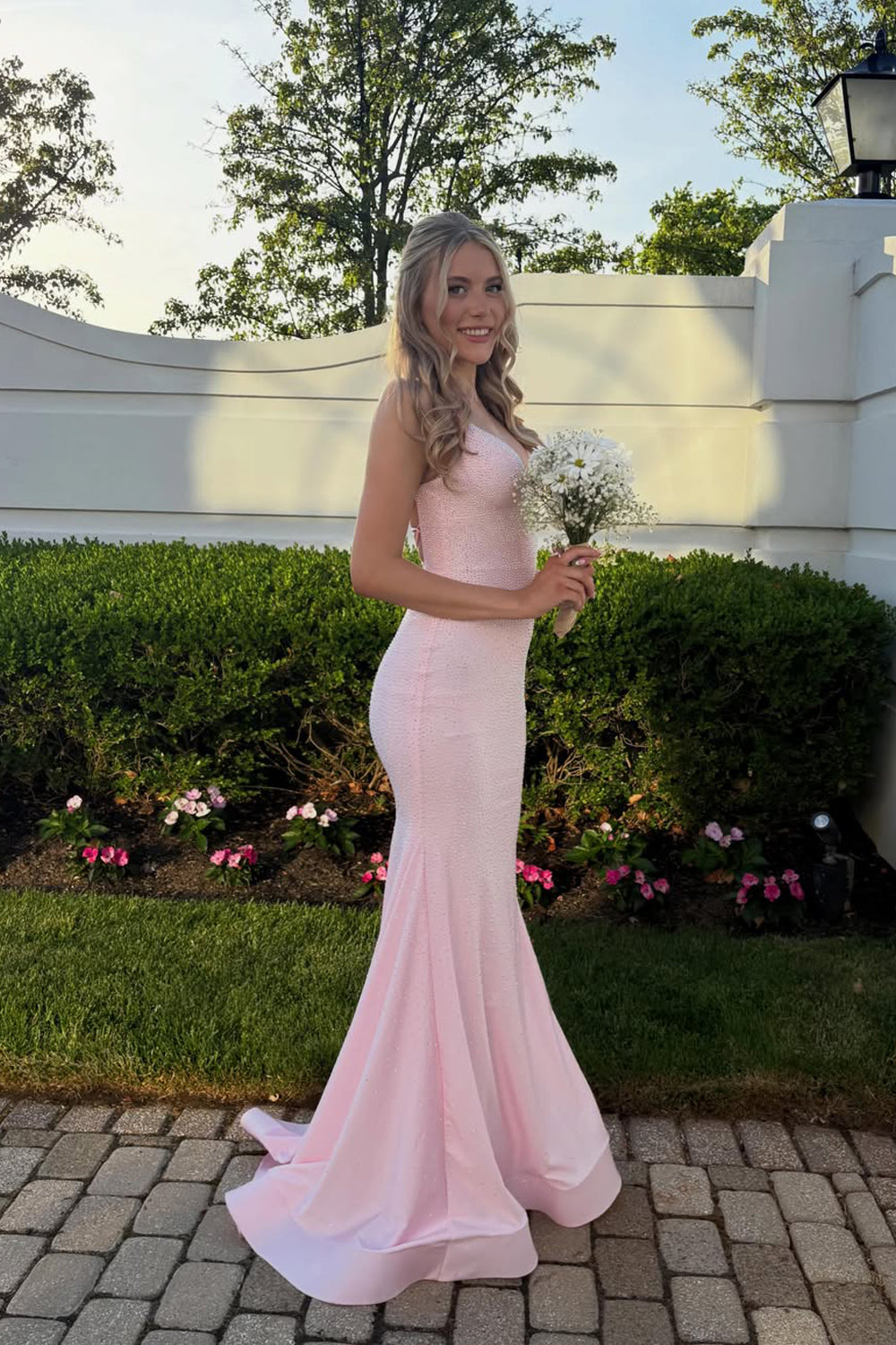 Sparkly Mermaid V Neck Light Pink Hot Fix Satin Prom Dress JP070827