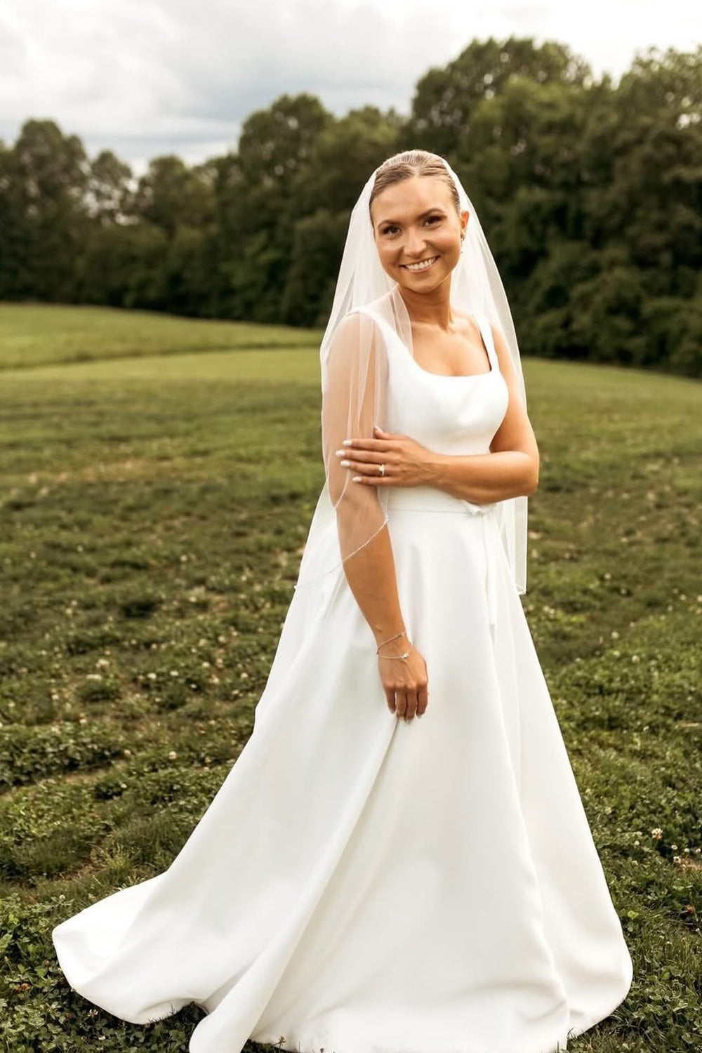 A Line Square Neck Satin Long Wedding Dresses JP070916