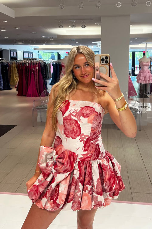 A Line Strapless Floral Satin Short Homecoming Dresses with Bow JP070612