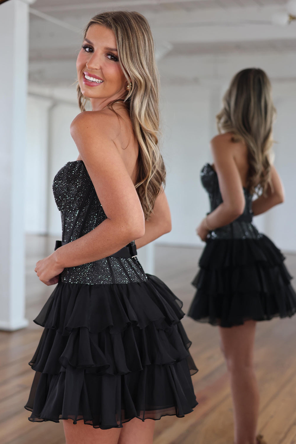 A Line Strapless Black Chiffon Tiered Homecoming Dresses with Hot Fix JP070647
