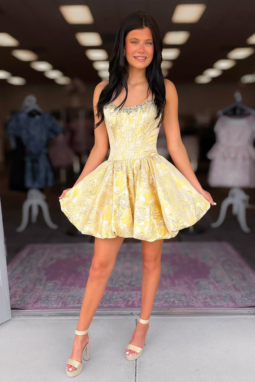 Yellow Jacquard Satin A Line Scoop Neck Homecoming Dresses with Beading JP062302