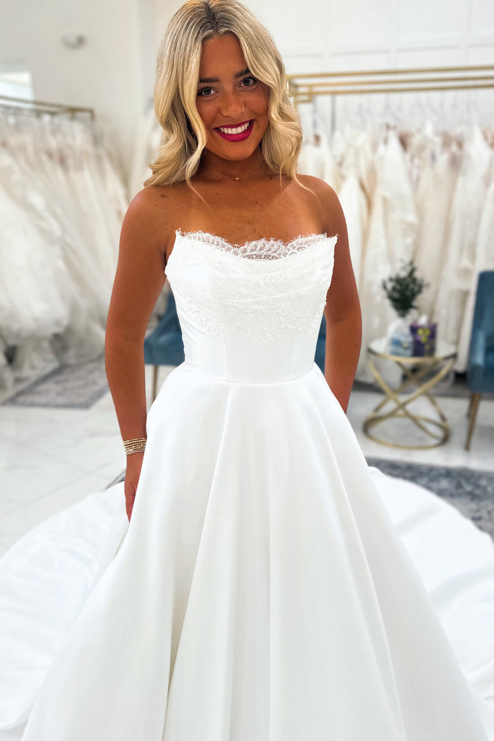 A Line Scoop Neck Satin Long Wedding Dresses with Lace JP072207