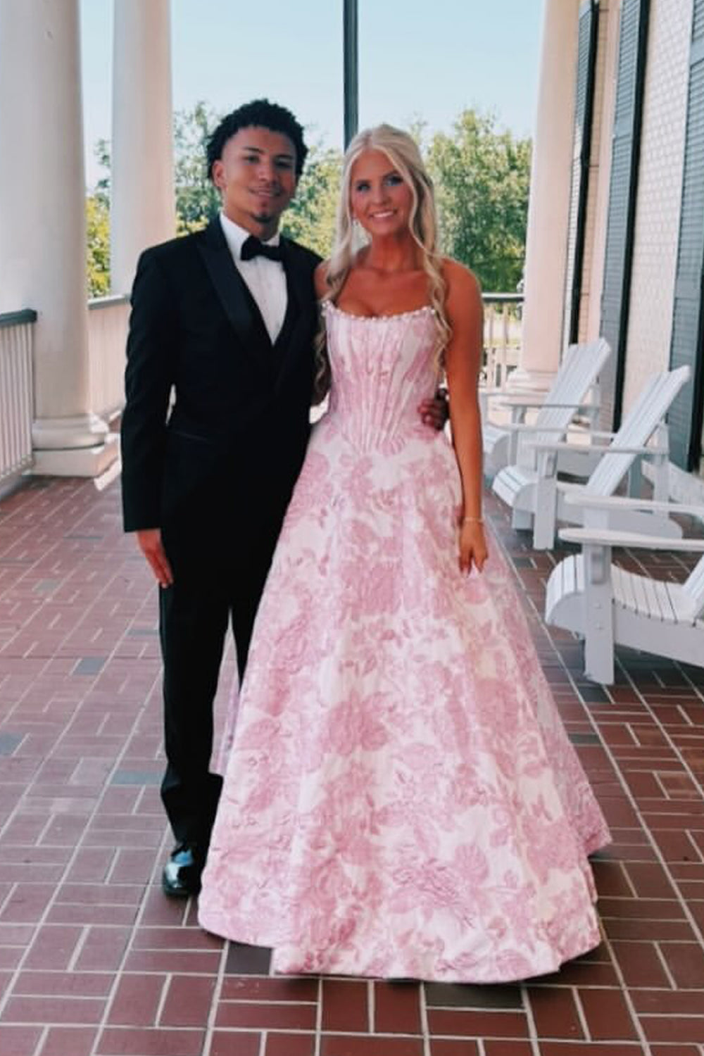 A Line Scoop Neck Pink Jacuqard Satin Long Prom Dress JP070849