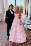 A Line Scoop Neck Pink Jacuqard Satin Long Prom Dress JP070849
