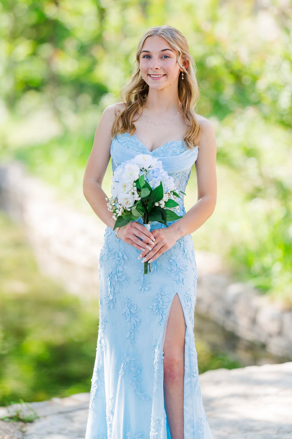 Mermaid Sweetheart Light Blue Lace Prom Dress with Slit JP070828
