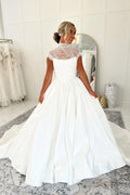 A Line High Neck Satin Long Wedding Dresses JP070932