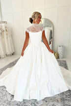 A Line High Neck Satin Long Wedding Dresses JP070932