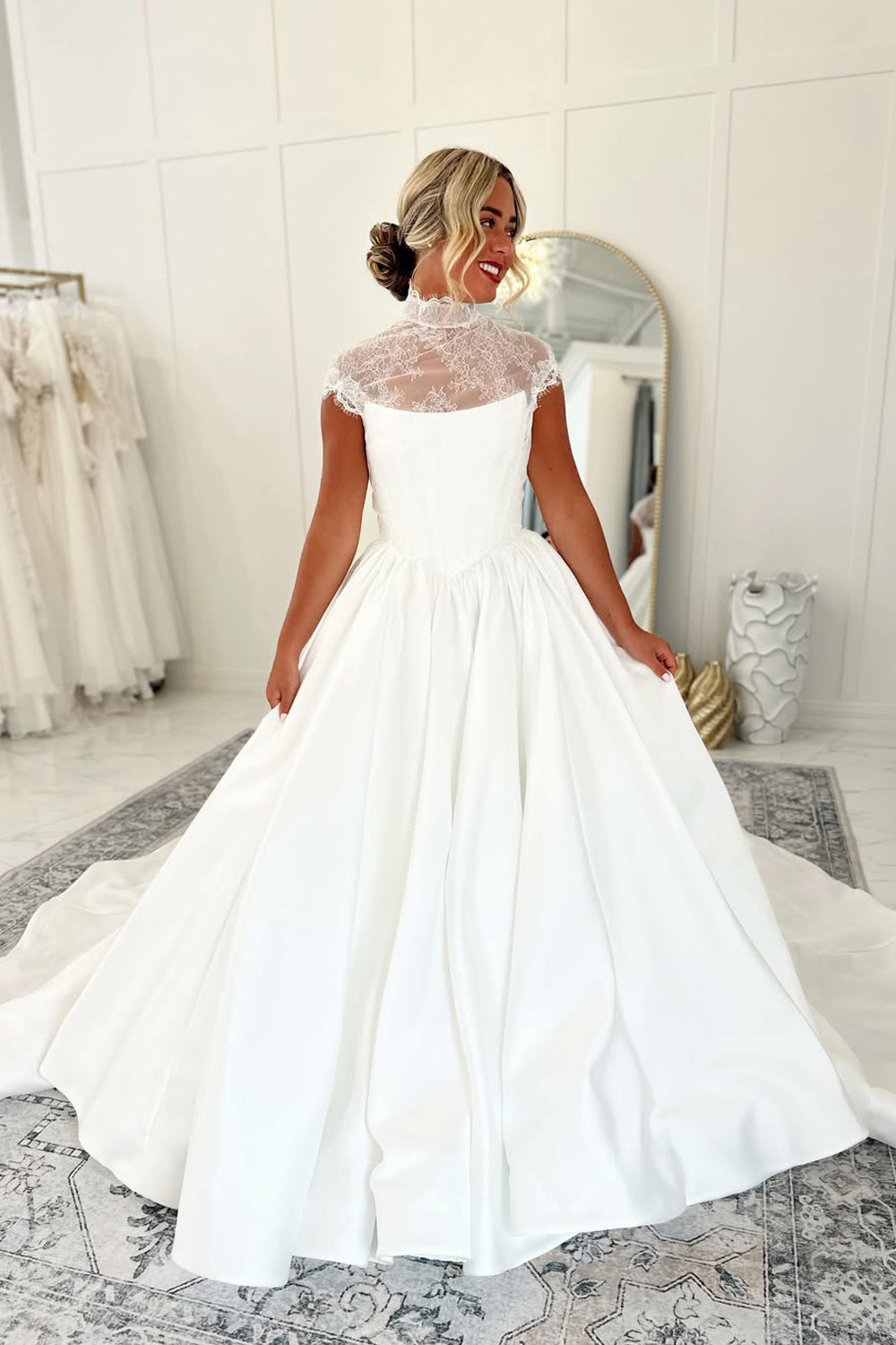 A Line High Neck Satin Long Wedding Dresses JP070932