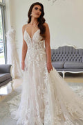 A Line V Neck Tulle Wedding Dresses with Appliques JP070902