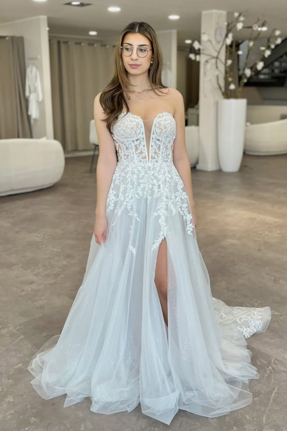 A Line Sweetheart Tulle Long Wedding Dresses with Slit JP070913