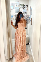 A Line Strapless Blush Ruffled Chiffon Prom Dress JP070805