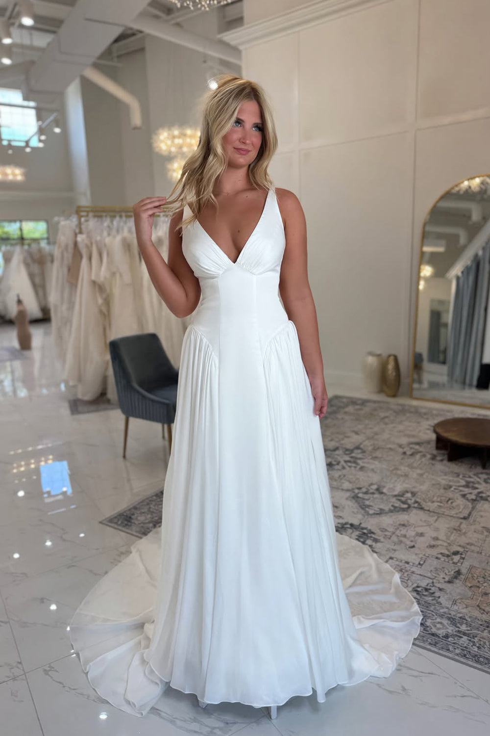 A Line V Neck Pleat Chiffon Wedding Dresses JP26070877