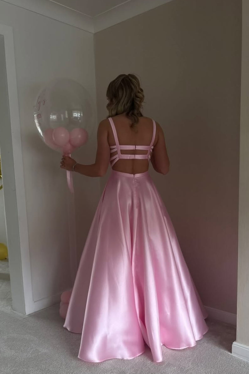 A Line Scoop Neck Pink Satin Prom Dress JP070815