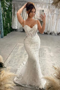 Mermaid V Neck Lace Beading Wedding Dresses JP26070874