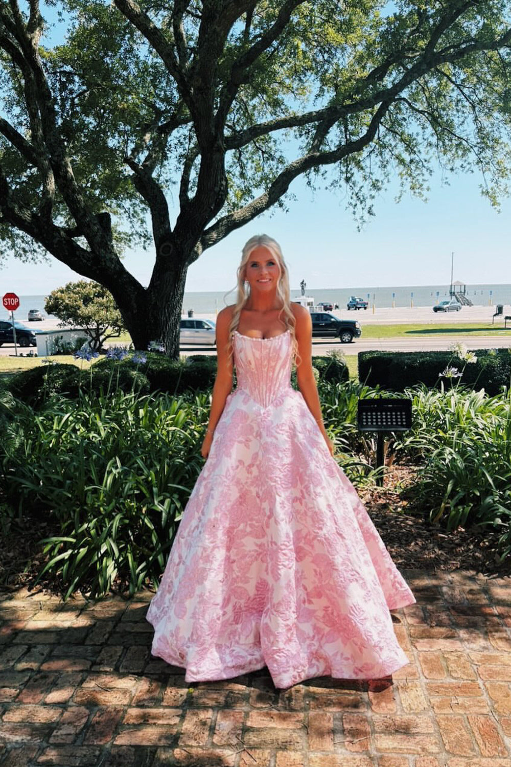 A Line Scoop Pink Jacquard Satin Long Prom Dress with Pearls JP070864