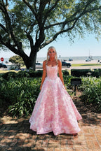 A Line Scoop Pink Jacquard Satin Long Prom Dress with Pearls JP070864
