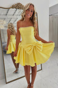 A Line Strapless Yellow Satin Homecoming Dress with Beading JP082501
