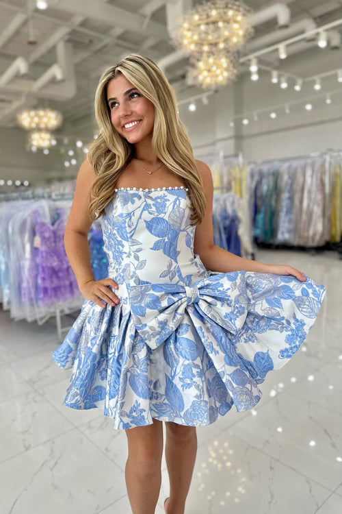 A Line Strapless Jacquard Satin Homecoming Dresses with Bow JP062531