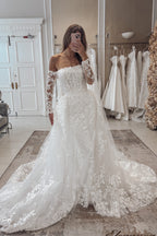 Luxurious Mermaid Off the Shoulder Lace Wedding Dresses with Sleeves JP070936