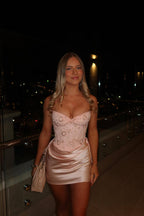 Bodycon Strapless Pink Corset Beads Short Homecoming Party Dresses JP062604