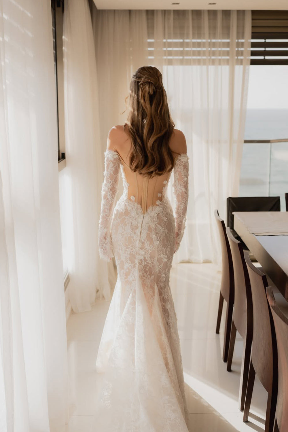 Lace Mermaid Off the Shoulder Lace Wedding Dresses with Long Sleeves JP070930