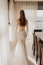 Lace Mermaid Off the Shoulder Lace Wedding Dresses with Long Sleeves JP070930