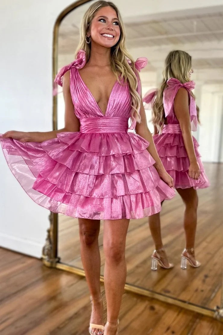 Cute A Line Fuchsia V Neck Ruffle Organza Short Homecoming Dresses with Bow Straps JP24052201