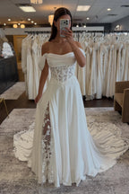 Fairy A Line Off the Shoulder Satin Beach Wedding Dress JP072517