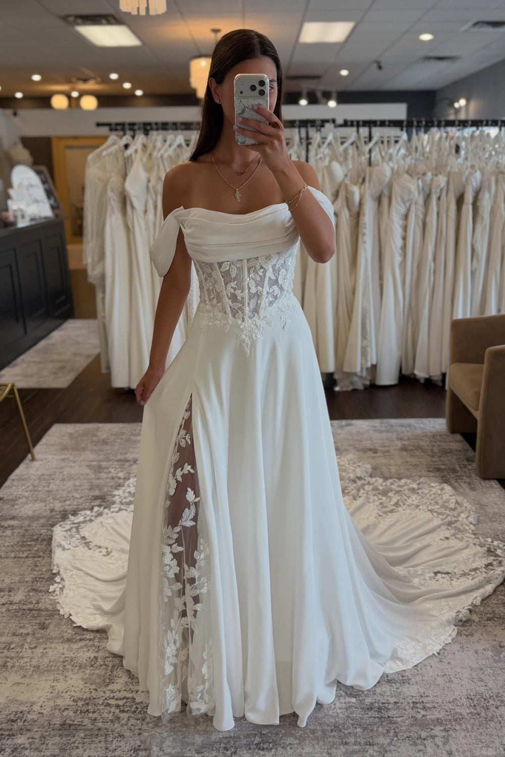 Fairy A Line Off the Shoulder Satin Beach Wedding Dress JP072517