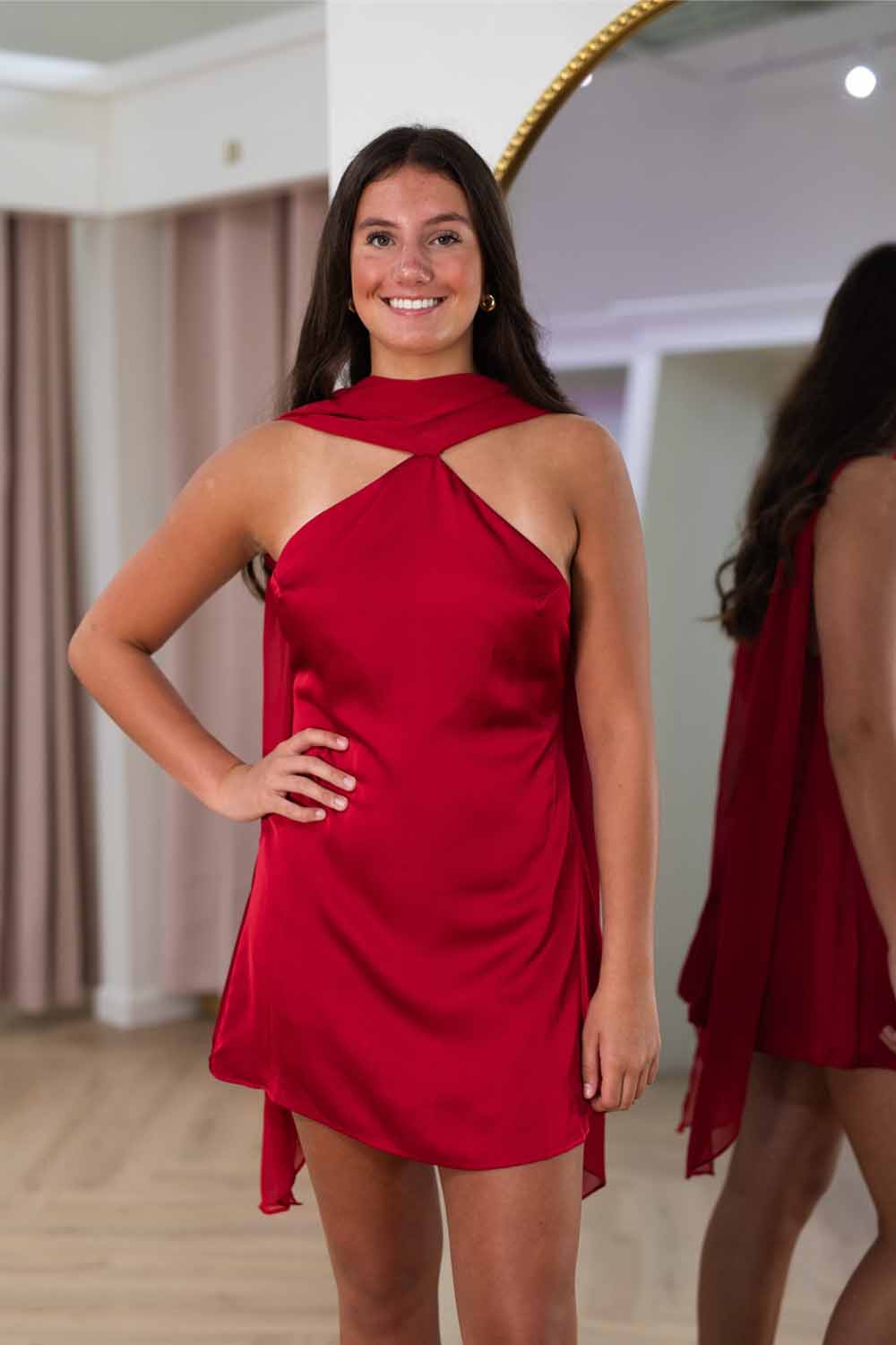 Sheath Hatler Red Satin Short Homecoming Dresses JP072501