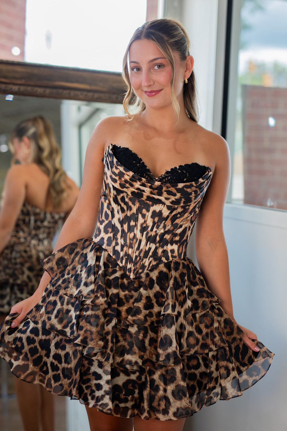A Line Sweetheart Leopard Floral Chiffon Short Homecoming Dress JP072505