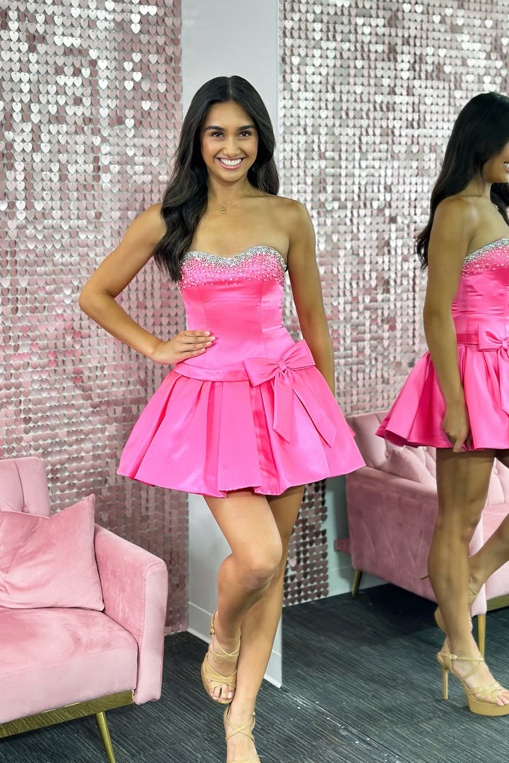Pink A Line Satin Sweetheart Homecoming Dresses with Beading JP062305
