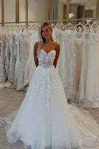 A Line Sweetheart Tulle Beach Wedding Dresses with Appliques JP26070895
