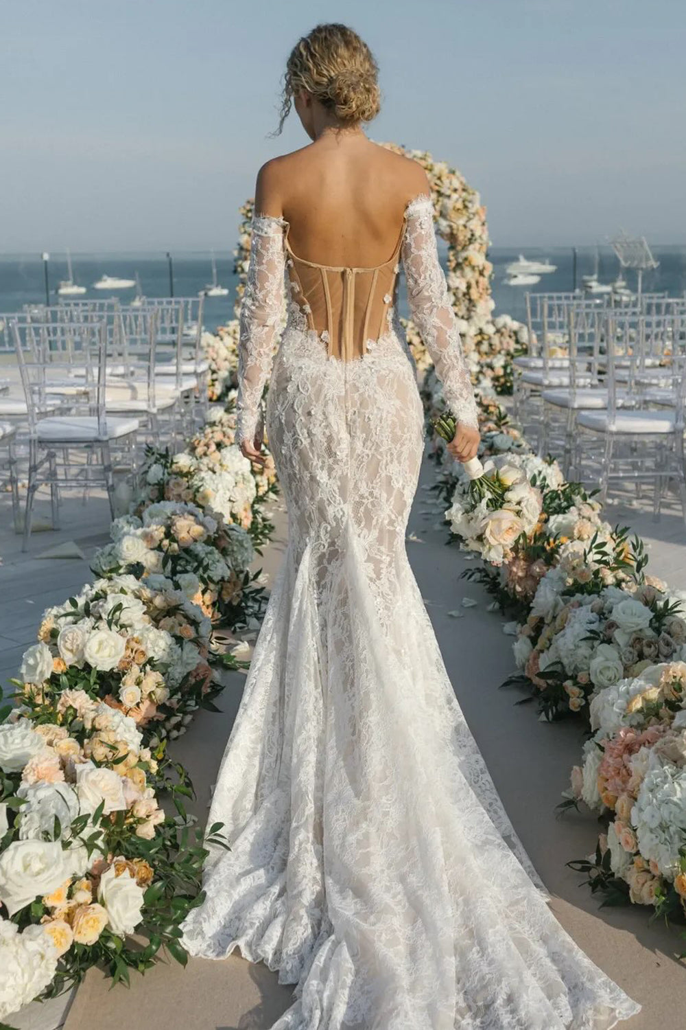 Bohemian Mermaid Off the Shoulder Lace Beach Wedding Dresses JP070917