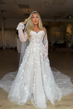 A Line Sweetheart Tulle Wedding Dresses with Appliques JP26070876