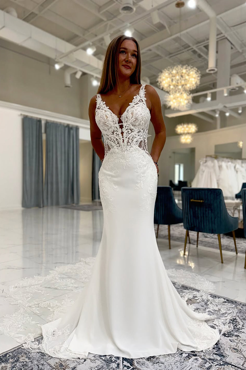 Mermaid V Neck Stretch Satin Wedding Dresses with Appliques JP26070881
