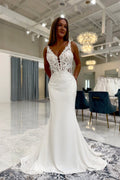 Mermaid V Neck Stretch Satin Wedding Dresses with Appliques JP26070881