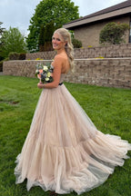 A Line Sweetheart Champagne Black Dot Tulle Long Prom Dress JP070857