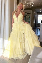 Daffodil V Neck A Line Chiffon Tiered Prom Dress with Hot Fix JP070702