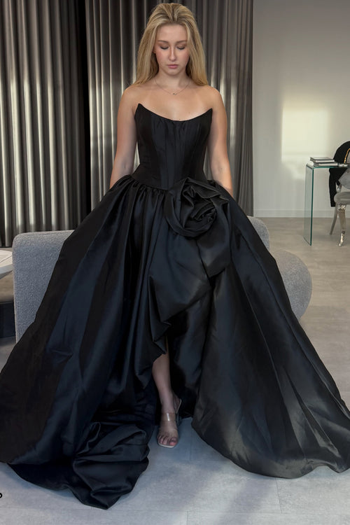 A Line Satin Scoop Neck Black Satin Prom Dress with Slit JP070705