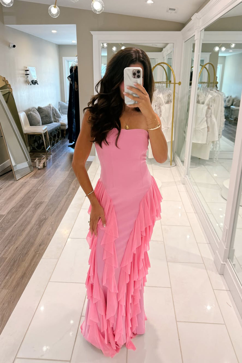 Sheath Strapless Pink Satin Long Prom Dress with Ruffled JP070825