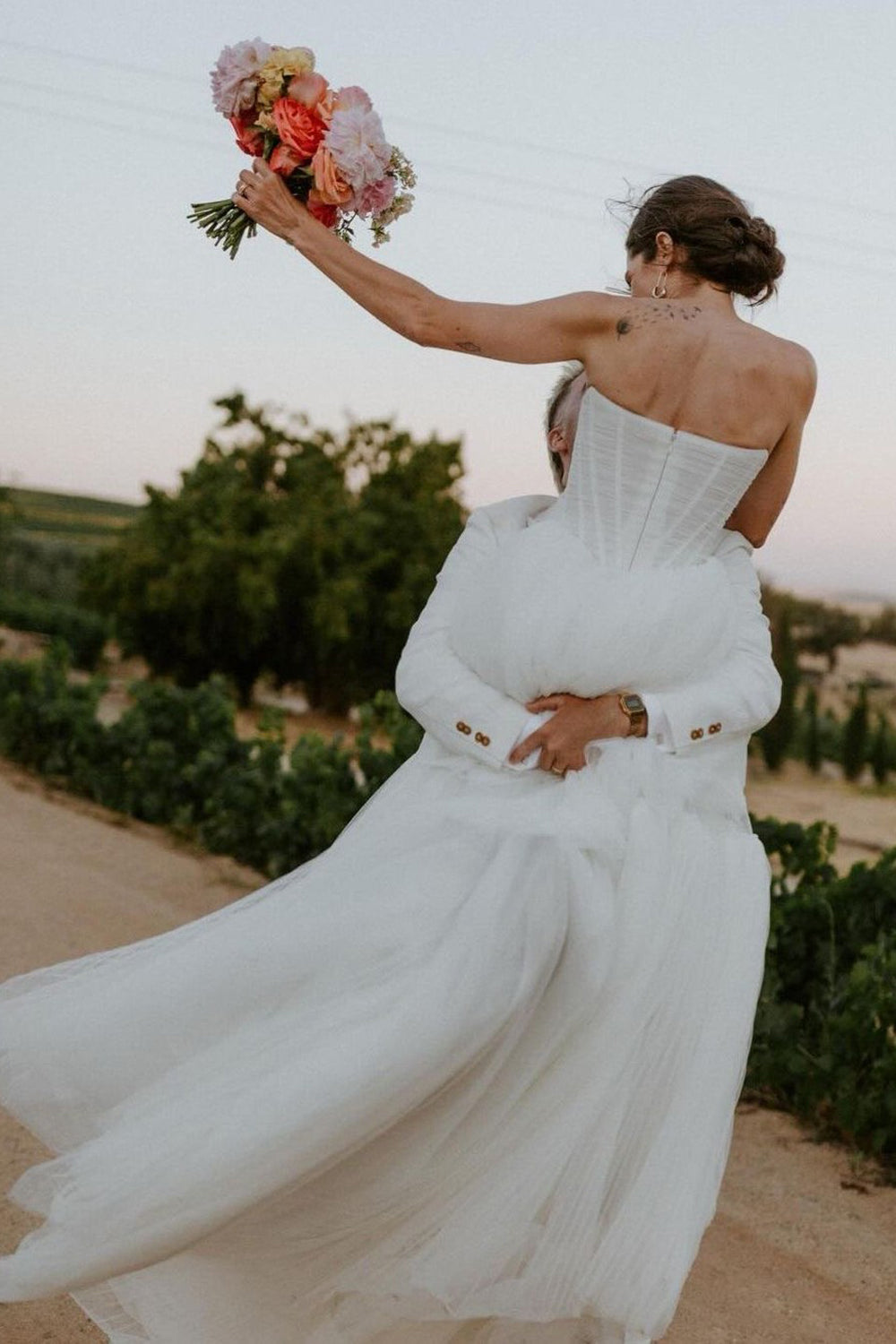 Boho A Line Strapless Tulle Tiered Wedding Dresses JP070922